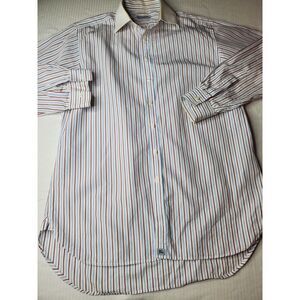 Burberry Button Up Shirt Men Large - 16/41.  Burgundy, Blue Strips 100% Cotton
